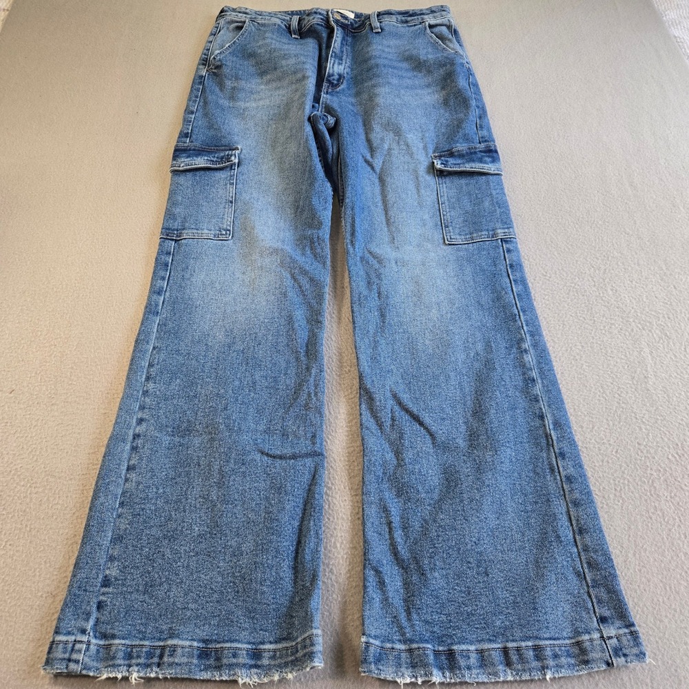 KanCan Cargo Jeans Womens 15/31 Medium Blue Wide Leg High Rise Raw Hem KC5504M